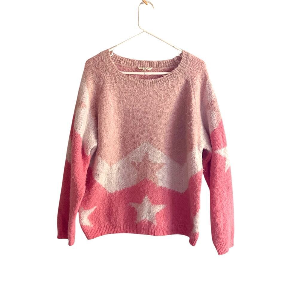 Easel Los Angeles Fuzzy Pink Star Sweater Women’s Size M‎ Cozy Knit Pullover